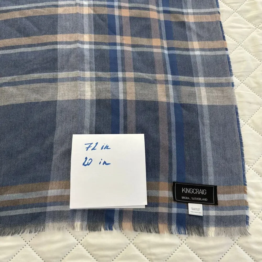 Kingcraig Scotland Extra Fine Merino Wool Plaid Scarf Blue Beige Unisex 71x20